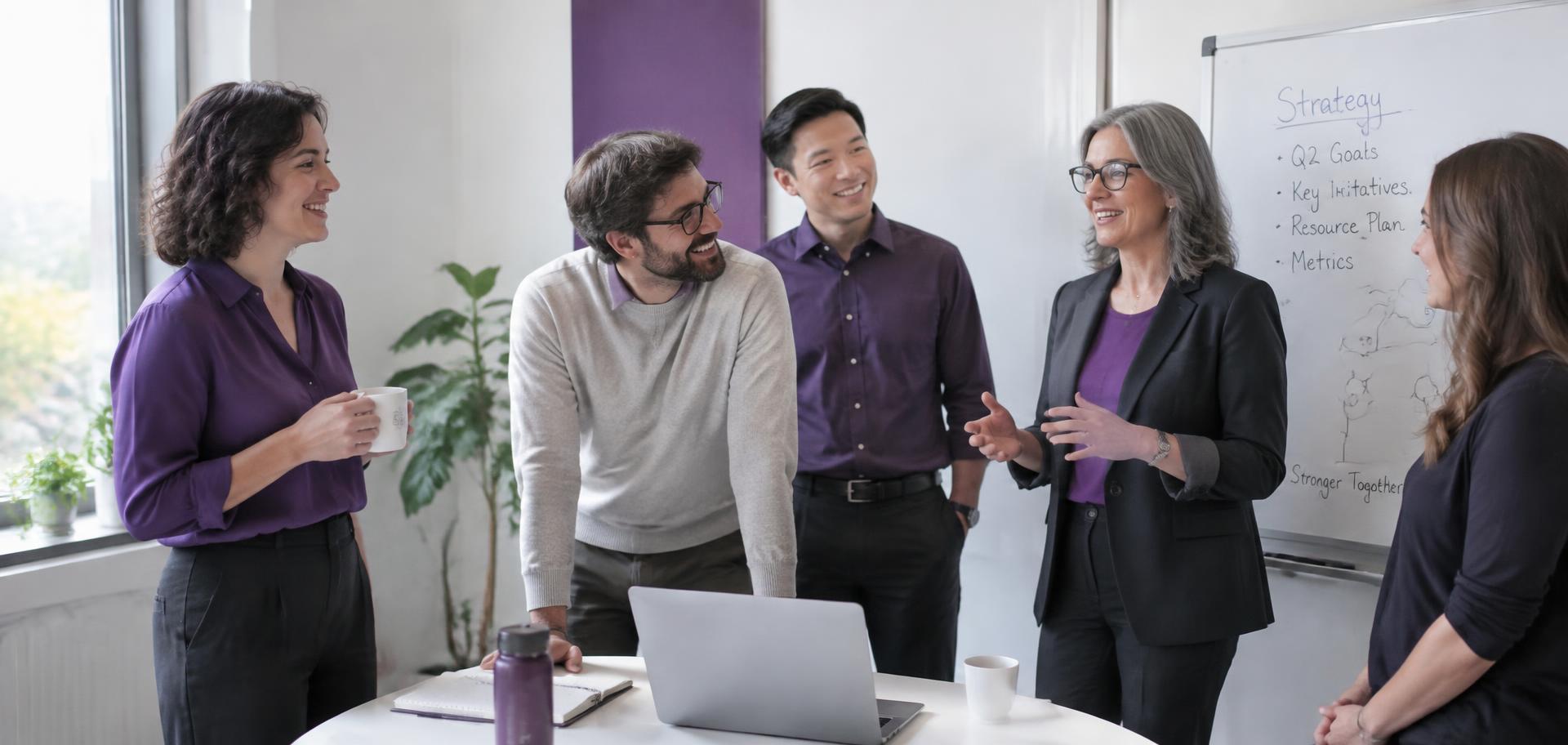 A team talking through ideas around a laptop in a bright meeting room