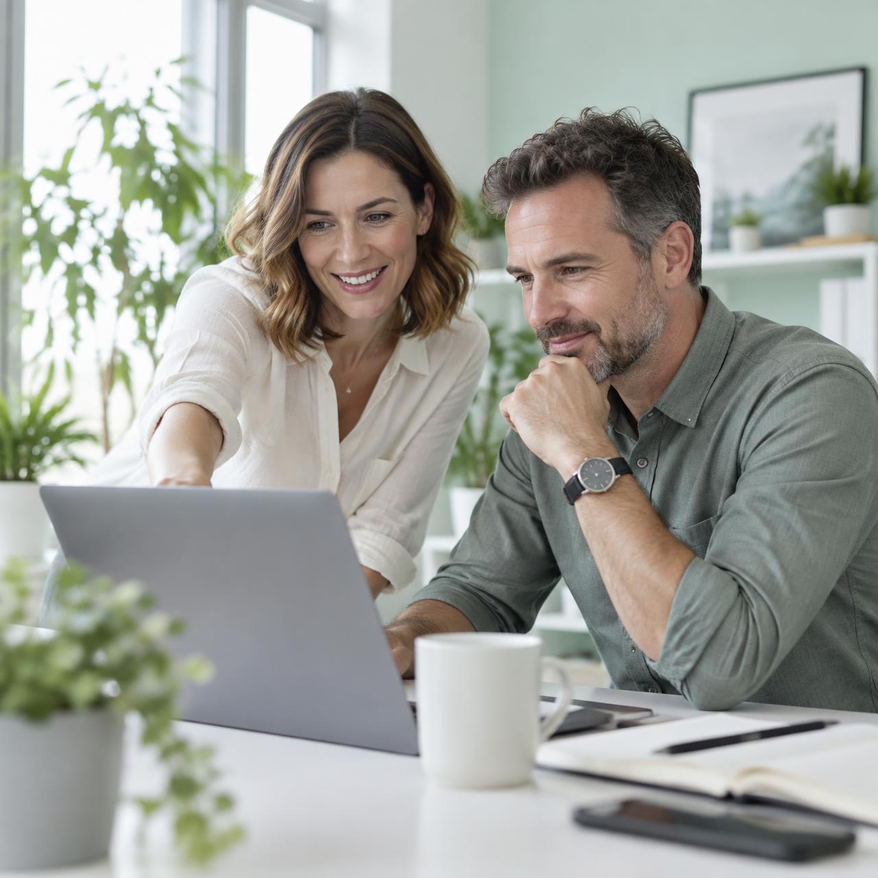 Two professionals working through a task together on a laptop